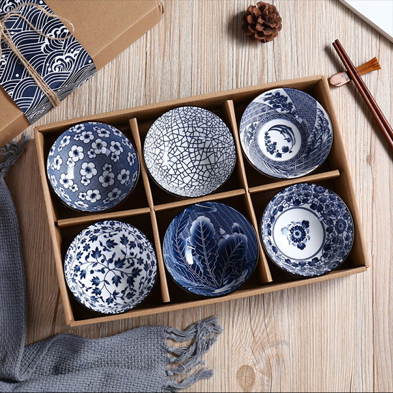 Japanese Blue Ceramic Bowl Set – 6 Pcs