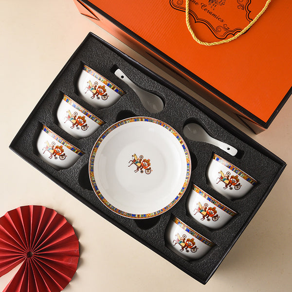 Hermes Offwhite 14-Piece Bowl Set with Spoons & Plates
