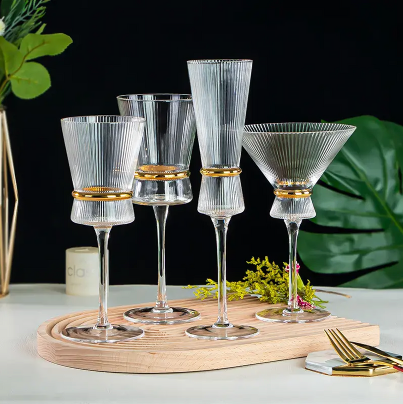 Stripe Wine Glasses Set of 2 with Gold Ring | Elegant Stemware for Celebrations & Special Occasions | Premium Barware Collection