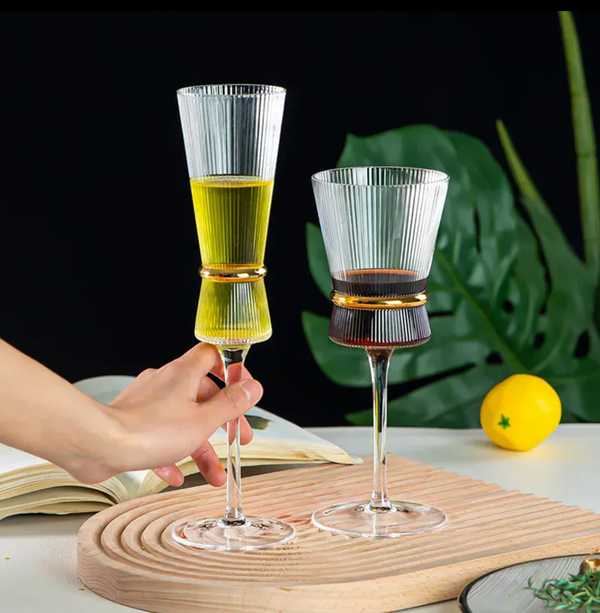 Stripe Champagne Glasses Set of 2 with Gold Ring | Elegant Stemware for Celebrations & Special Occasions | Premium Barware Collection