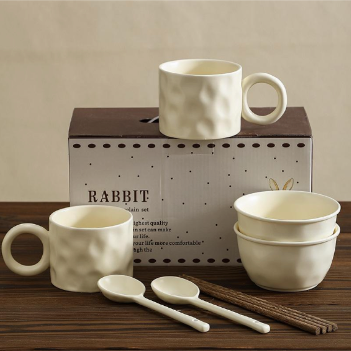 White Rabbit 8-Piece Dinnerware Set – Bowls, Mugs, Spoons & Chopsticks