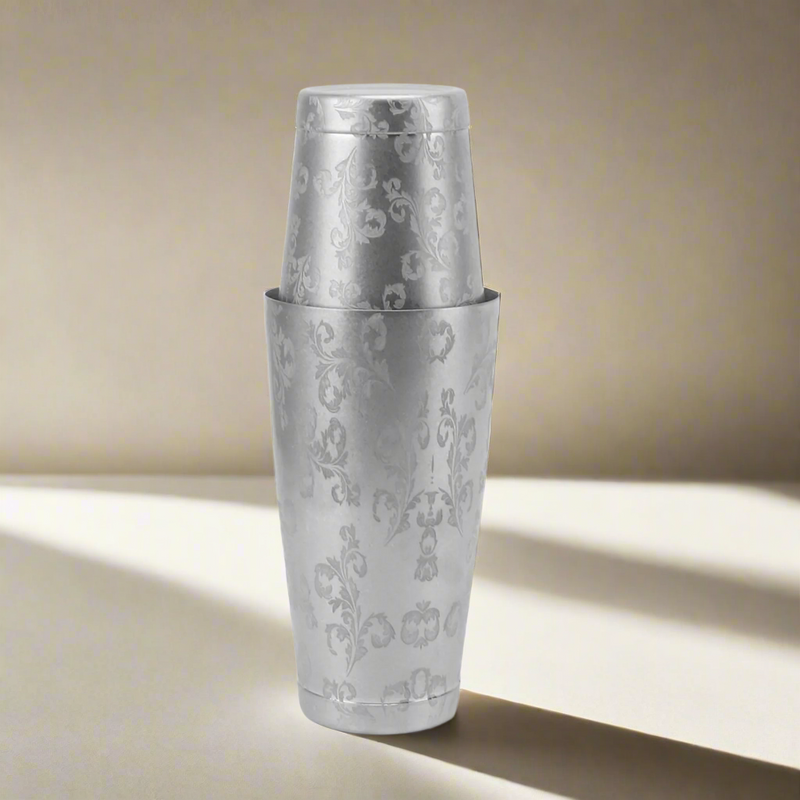 Retro Leaf Etched Boston Shaker | Cocktail Shaker | Professional Shaker | 750 ML