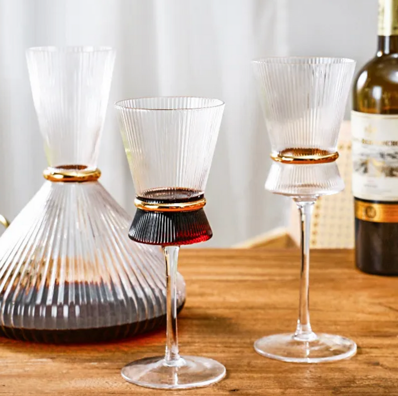 Stripe Wine Glasses Set of 2 with Gold Ring | Elegant Stemware for Celebrations & Special Occasions | Premium Barware Collection