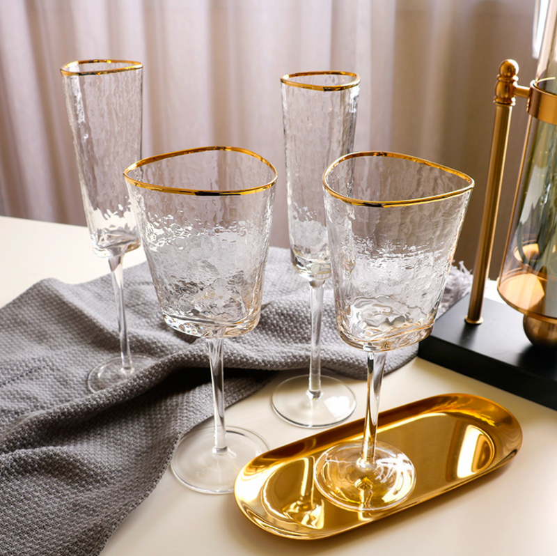 Gold Rimmed Crushed Wine Glass Set of 2 | Chic Stemware for Elegant Wine Presentation | Premium Glassware & Gift Idea