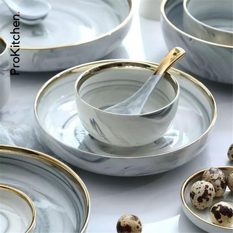 Marble White Gold Rim 26-Piece Dinnerware Set with Gift Box