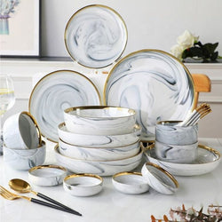 Marble White Gold Rim 26-Piece Dinnerware Set with Gift Box