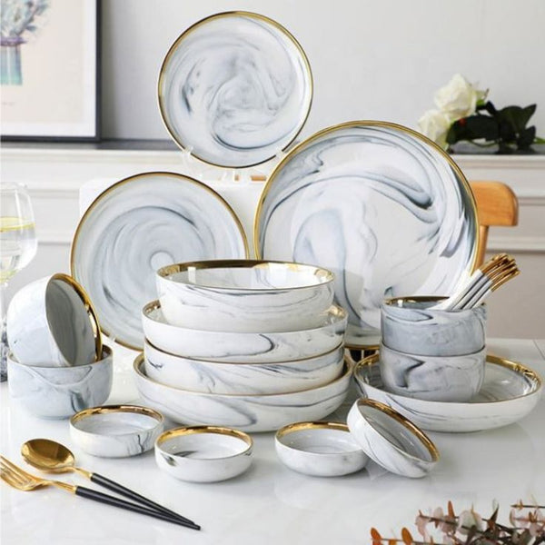 Marble White Gold Rim 26-Piece Dinnerware Set with Gift Box