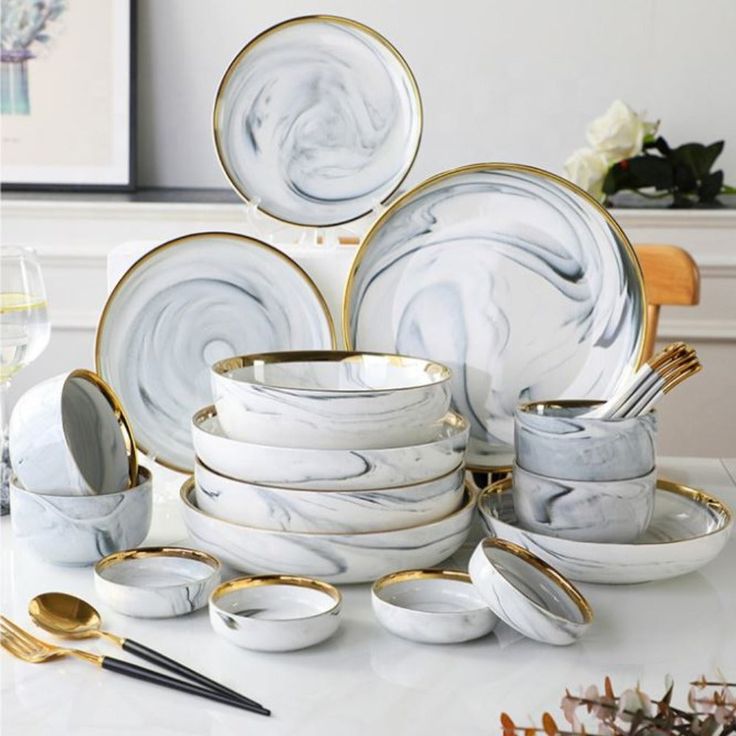 Marble White Gold Rim 26-Piece Dinnerware Set with Gift Box
