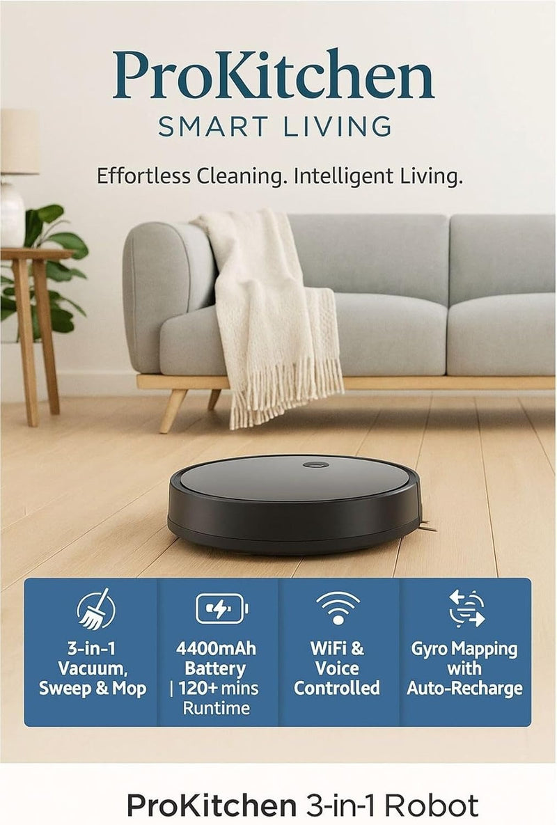 ProKitchen Smart 3-in-1 Robot Vacuum Cleaner | Vacuum + Sweep + Mop | WiFi & Voice Control | Auto Recharge | Gyro Navigation | 4400mAh Battery