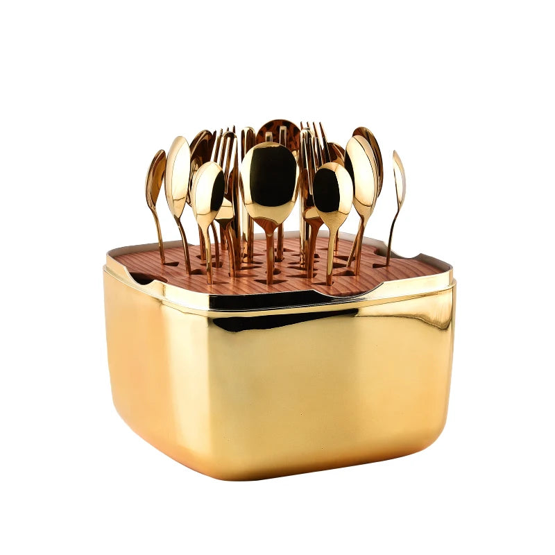 Egg-Shape Storage Box 24-Piece Golden Cutlery Tableware Set