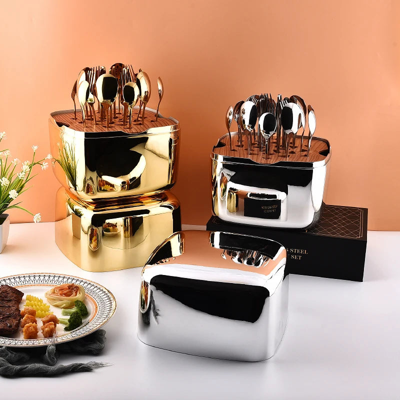 Egg-Shape Storage Box 24-Piece Golden Cutlery Tableware Set