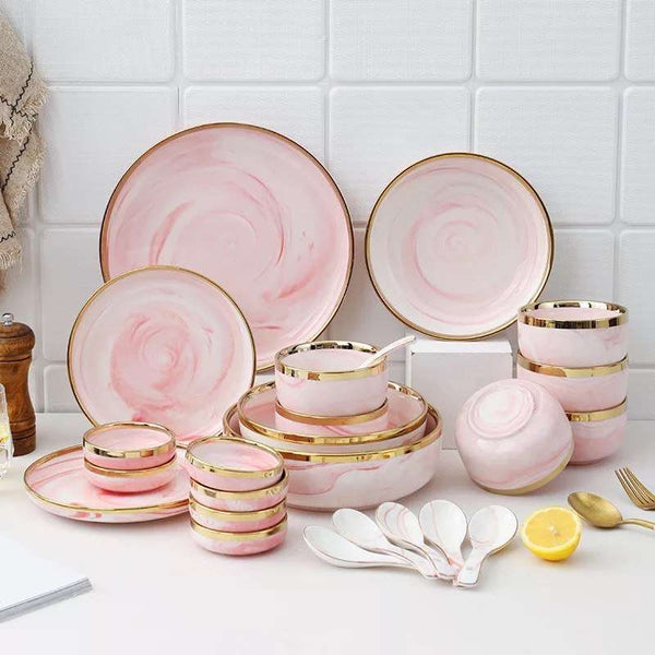 Marble Pink Gold Rim 32-Piece Dinnerware Set with Gift Box