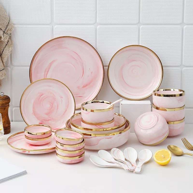 Marble Pink Gold Rim 32-Piece Dinnerware Set with Gift Box