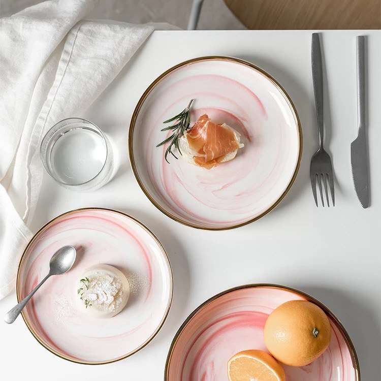 Marble Pink Gold Rim 32-Piece Dinnerware Set with Gift Box