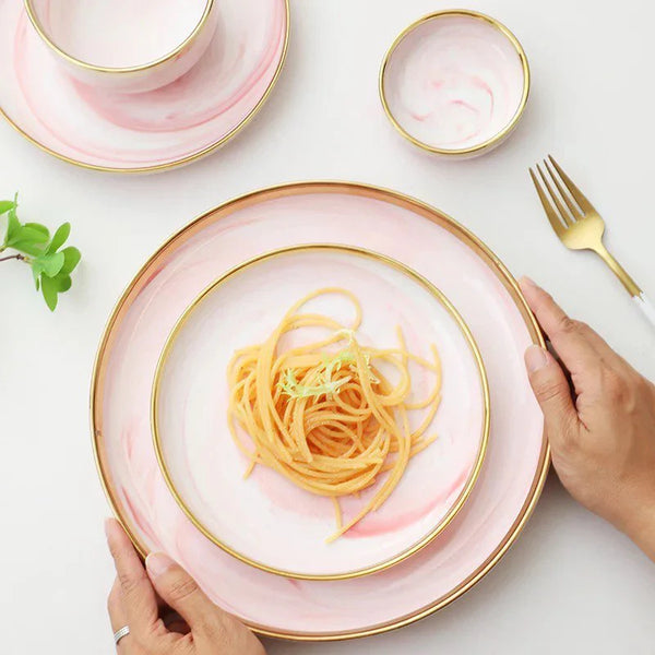 Marble Pink Gold Rim 32-Piece Dinnerware Set with Gift Box