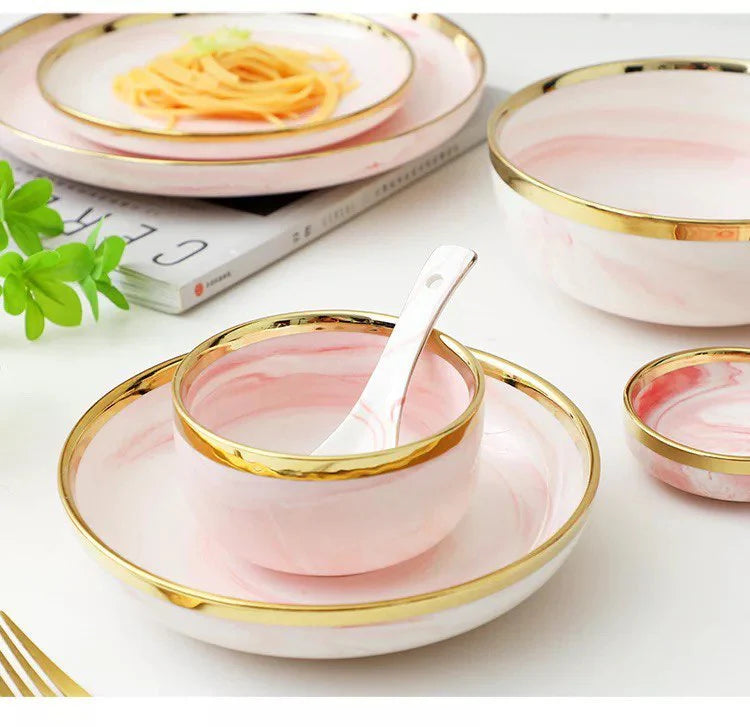 Marble Pink Gold Rim 32-Piece Dinnerware Set with Gift Box